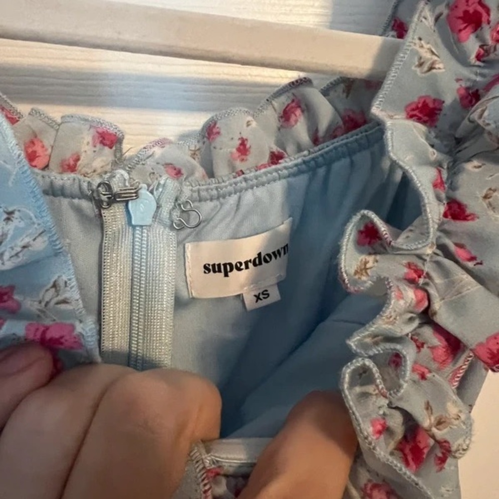 superdown Girls' Light Blue Dress with Pink Floral Ruffles - Picture 5 of 5